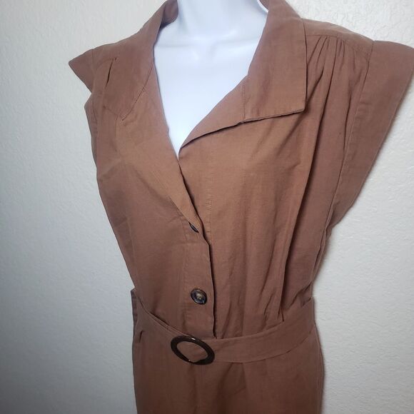 Vintage Style Linen Blend Brown Belted Jumpsuit - Picture 3 of 4